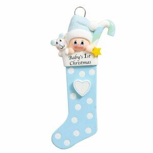 Babys First Christmas Long Stocking Ornament Blue Boy New